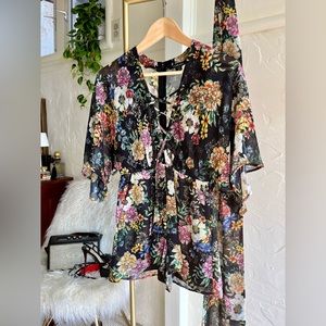 Yumi Kim Romper in sheer floral design and cross lace front ties